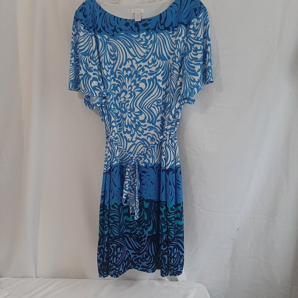 Chico's Sz 3 (US 16 / XL) Women's Dress Blue Pattern Short Sleeve, Tie Waist